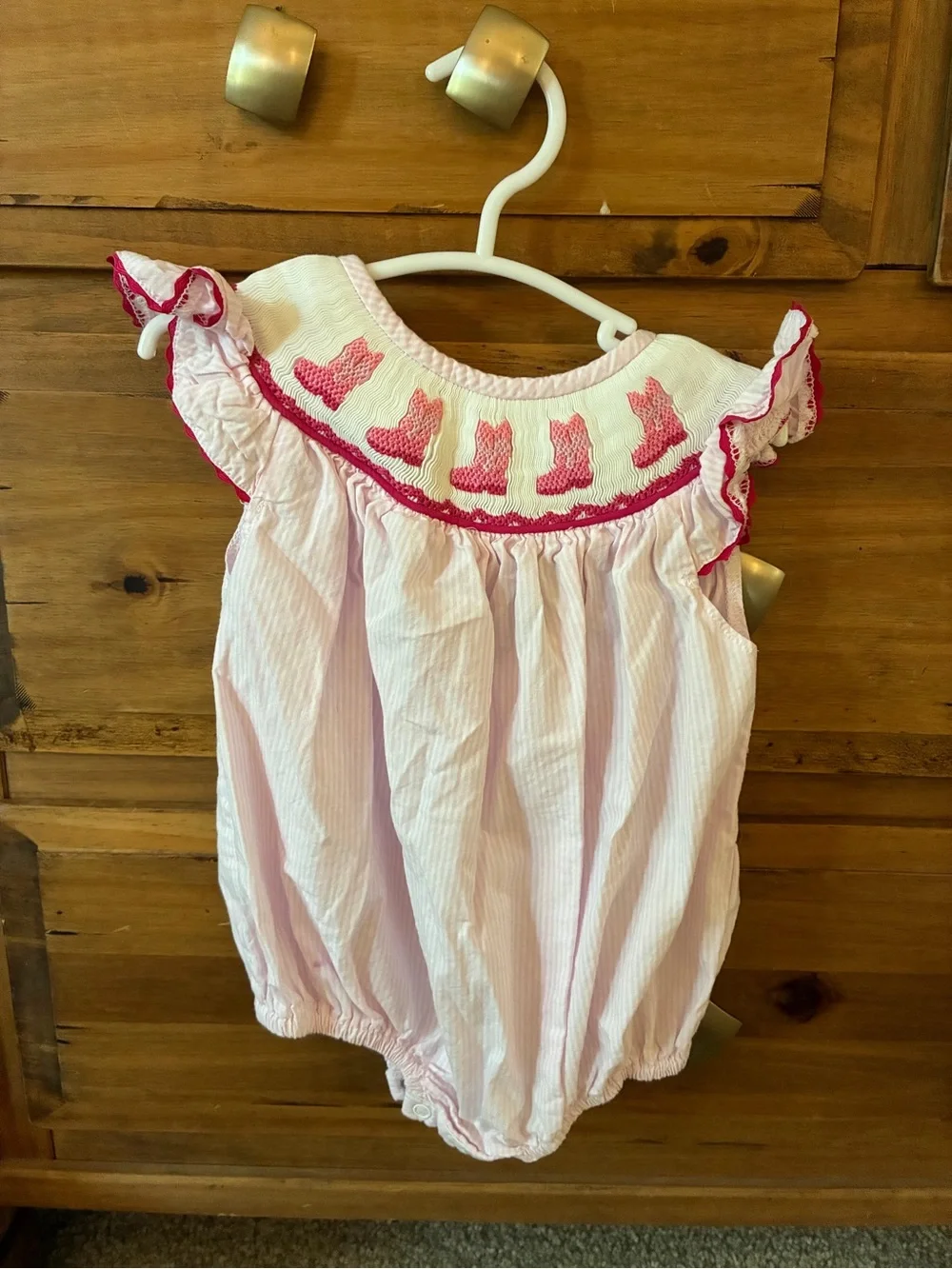 Light Pink Smocked Baby Romper with Ruffle Shoulders